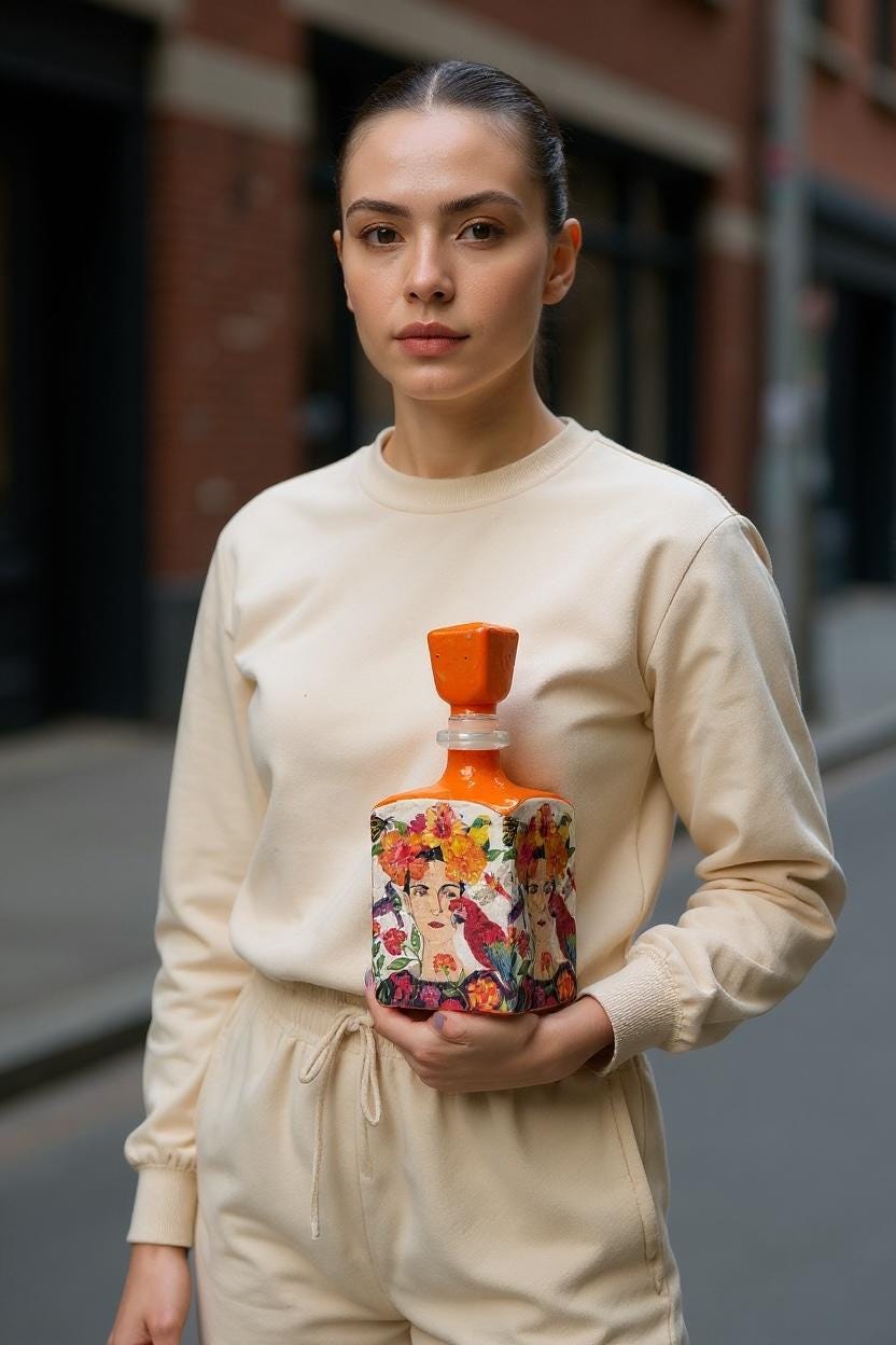 Decoupaged Tequila Bottle, Orange Frida Kahlo Bar Decor, Refillable Liquor Bottle, Mexican Handmade Upcycled Bottle Art