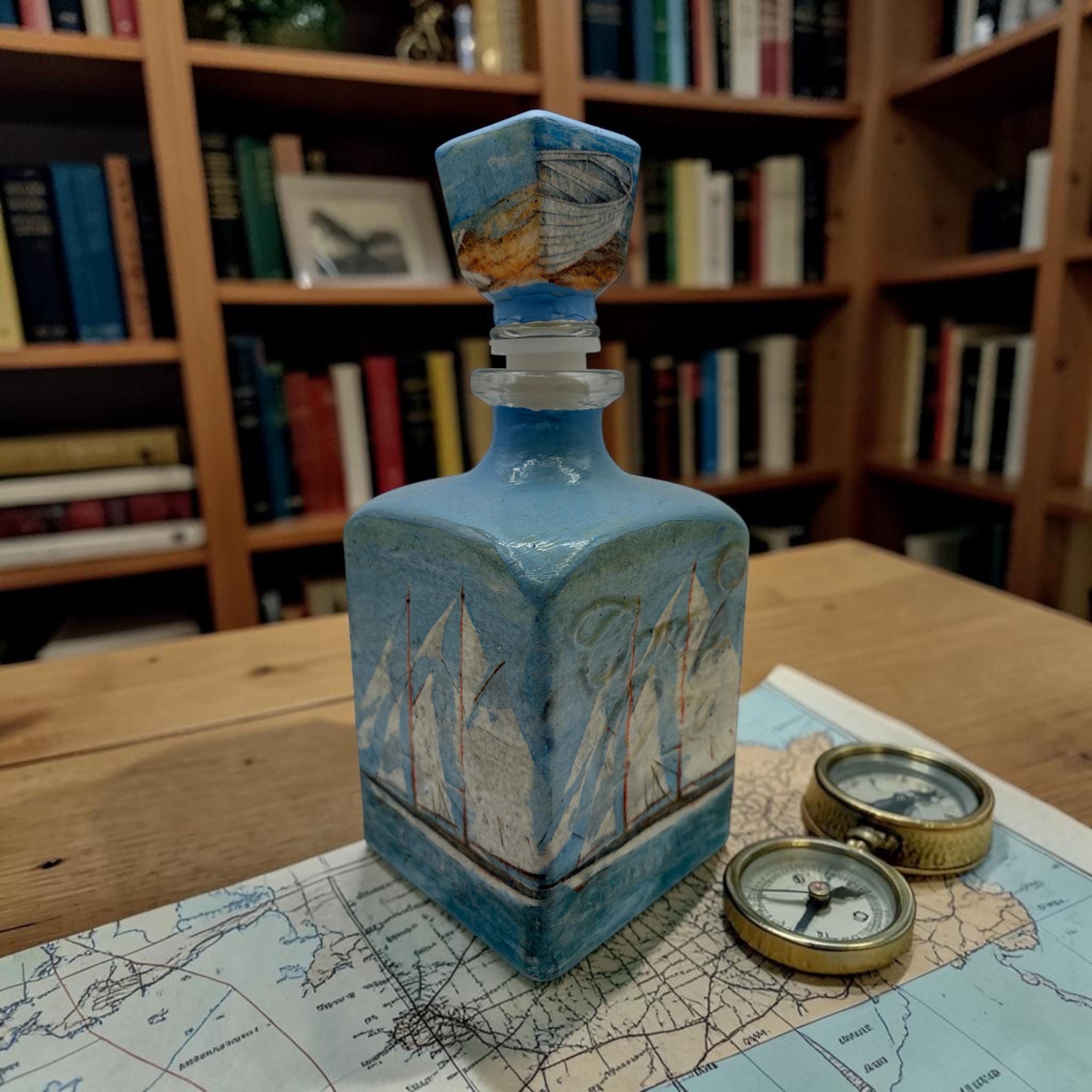 Hand-Decoupaged Tequila Bottle, Blue Sailboat Nautical Bar Decor