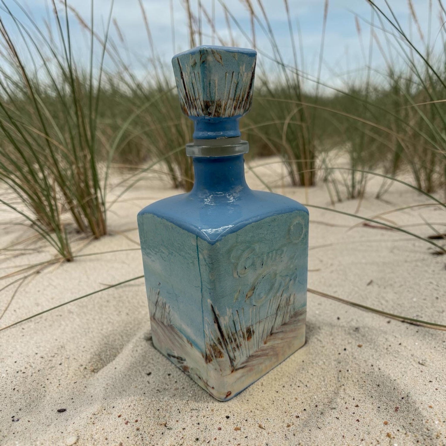 Hand-Decoupaged Tequila Bottle, Blue Beach Grass Coastal Bar Decor