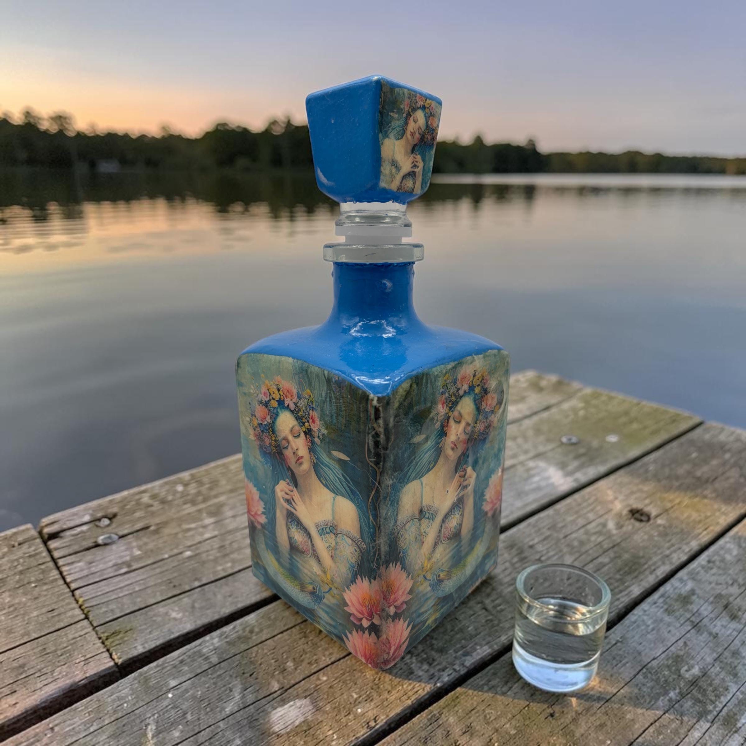 Decoupaged Tequila Bottle, Blue Lotus Maiden Bar Decor, Upcycled Boho Art