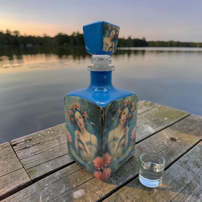 Decoupaged Tequila Bottle, Blue Lotus Maiden Bar Decor, Upcycled Boho Art