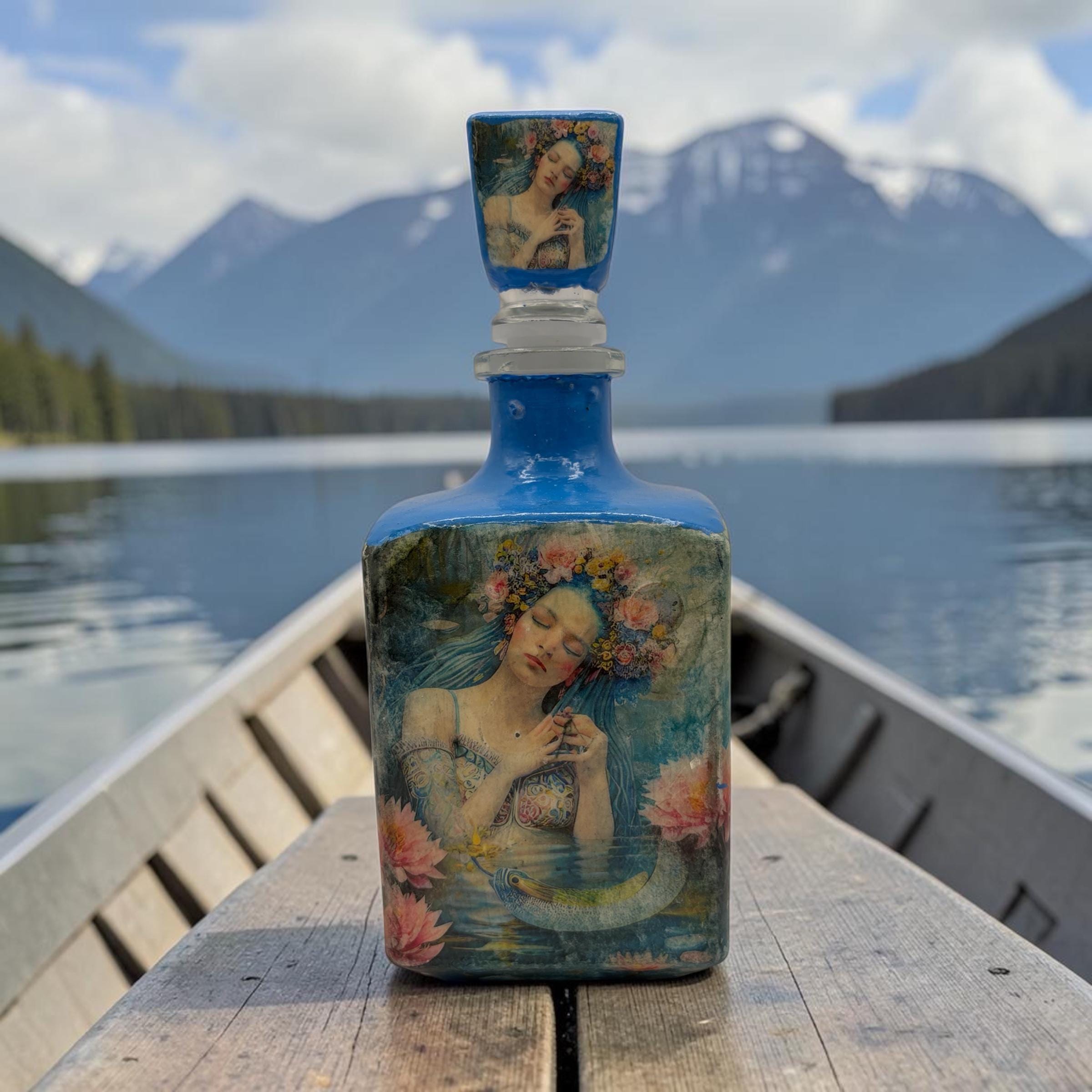Decoupaged Tequila Bottle, Blue Lotus Maiden Bar Decor, Upcycled Boho Art