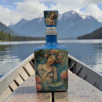 Decoupaged Tequila Bottle, Blue Lotus Maiden Bar Decor, Upcycled Boho Art