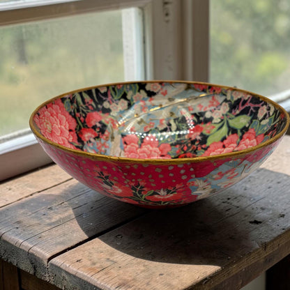 Vintage Decoupaged Japanese Art Bowl, Gold Edging, Pink Black Teal Centerpiece
