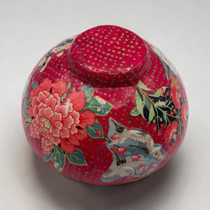 Vintage Decoupaged Japanese Art Bowl, Gold Edging, Pink Black Teal Centerpiece