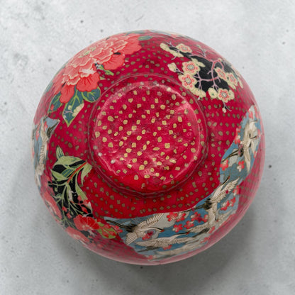 Vintage Decoupaged Japanese Art Bowl, Gold Edging, Pink Black Teal Centerpiece
