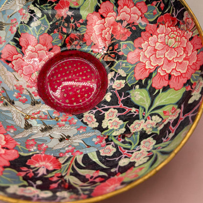 Vintage Decoupaged Japanese Art Bowl, Gold Edging, Pink Black Teal Centerpiece