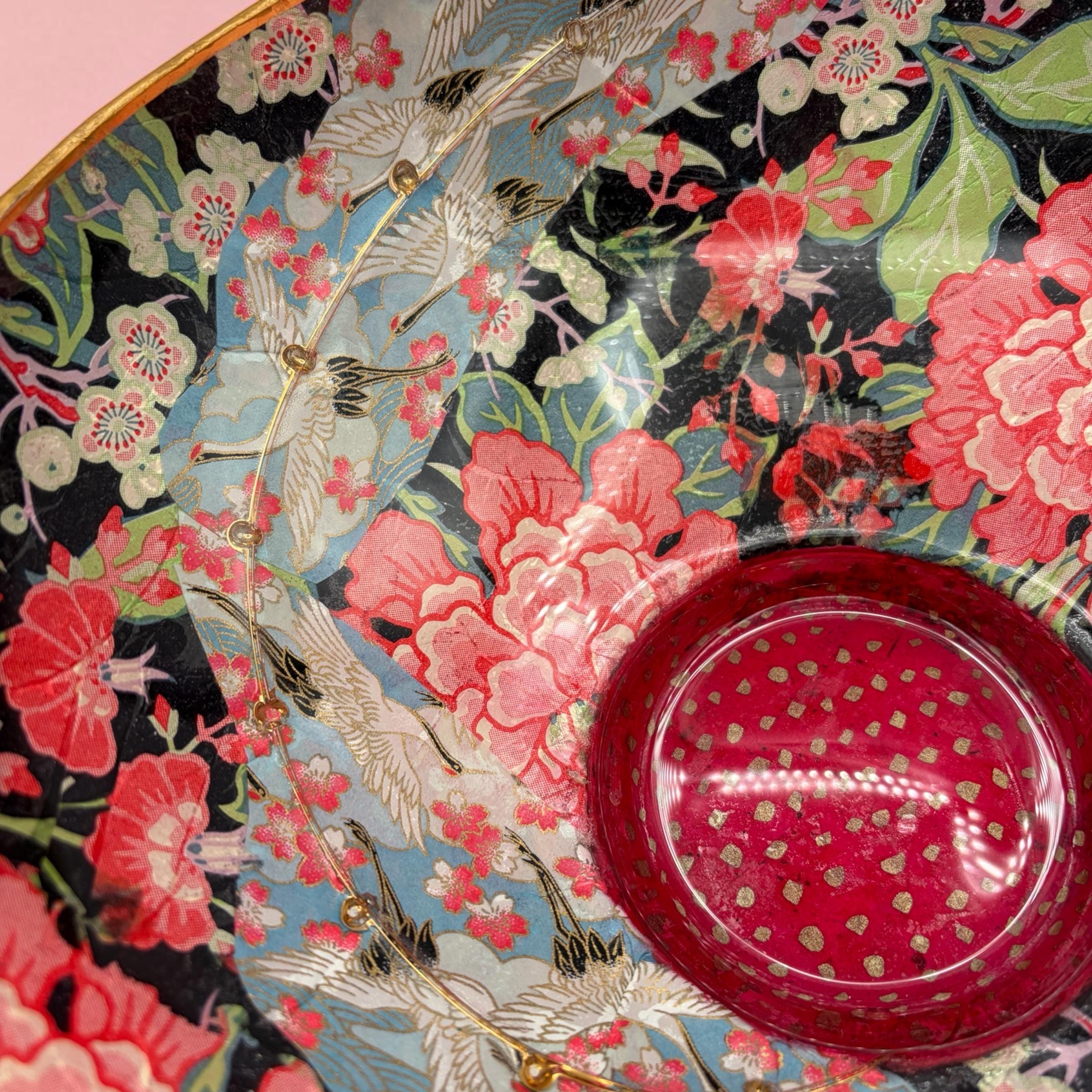 Vintage Decoupaged Japanese Art Bowl, Gold Edging, Pink Black Teal Centerpiece