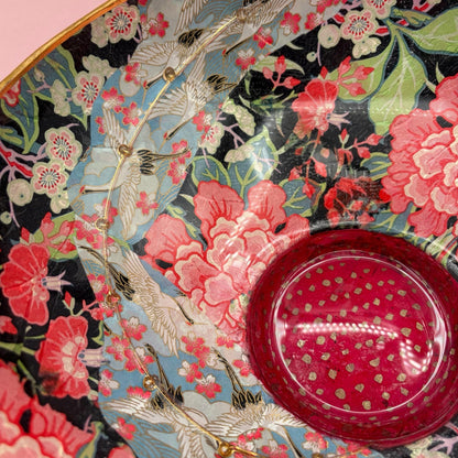Vintage Decoupaged Japanese Art Bowl, Gold Edging, Pink Black Teal Centerpiece