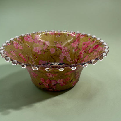 Vintage Fluted Bowl, Decoupaged Geisha Art, Pink Green Gold Centerpiece (Food Safe)