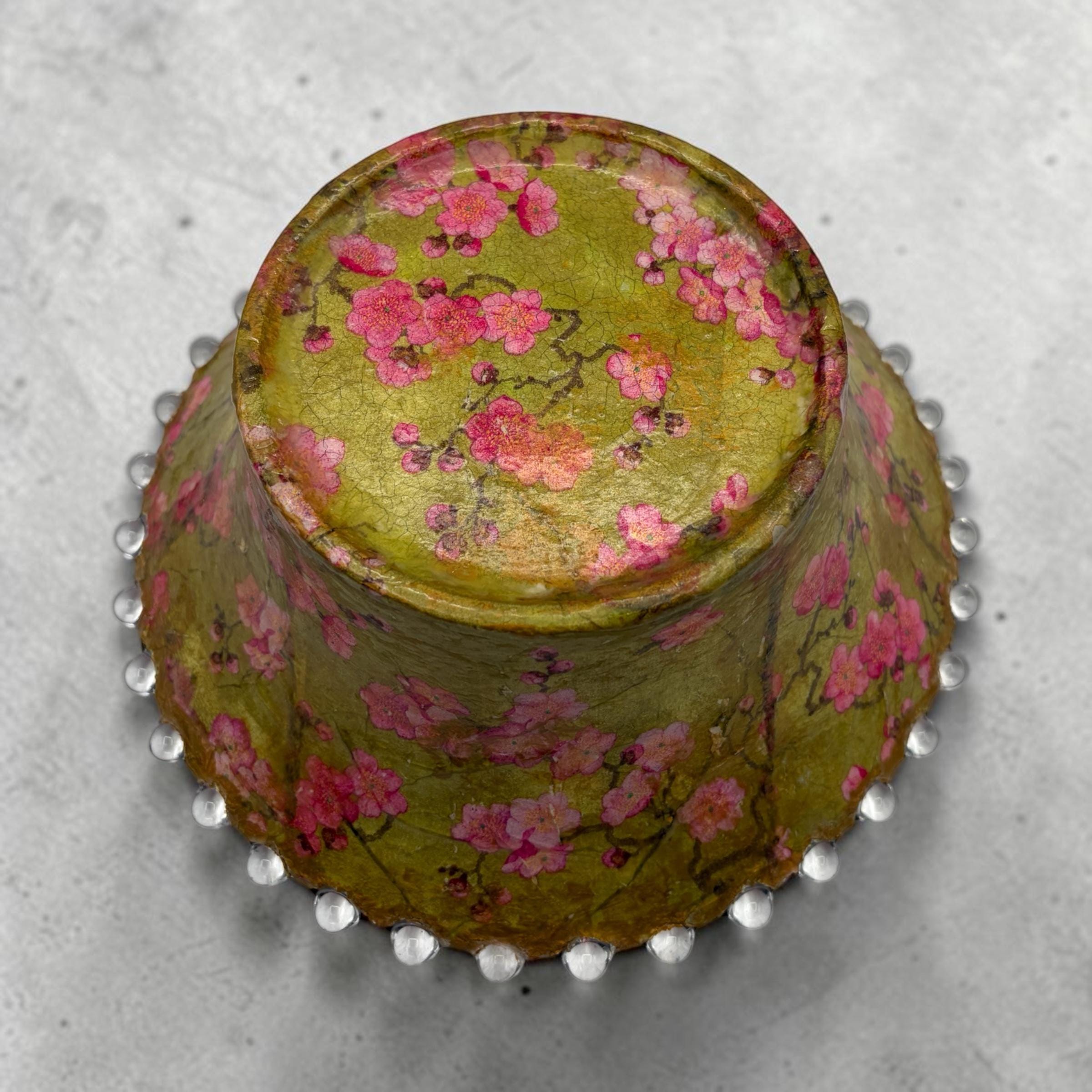 Vintage Fluted Bowl, Decoupaged Geisha Art, Pink Green Gold Centerpiece (Food Safe)