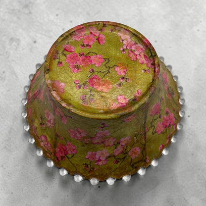 Vintage Fluted Bowl, Decoupaged Geisha Art, Pink Green Gold Centerpiece (Food Safe)