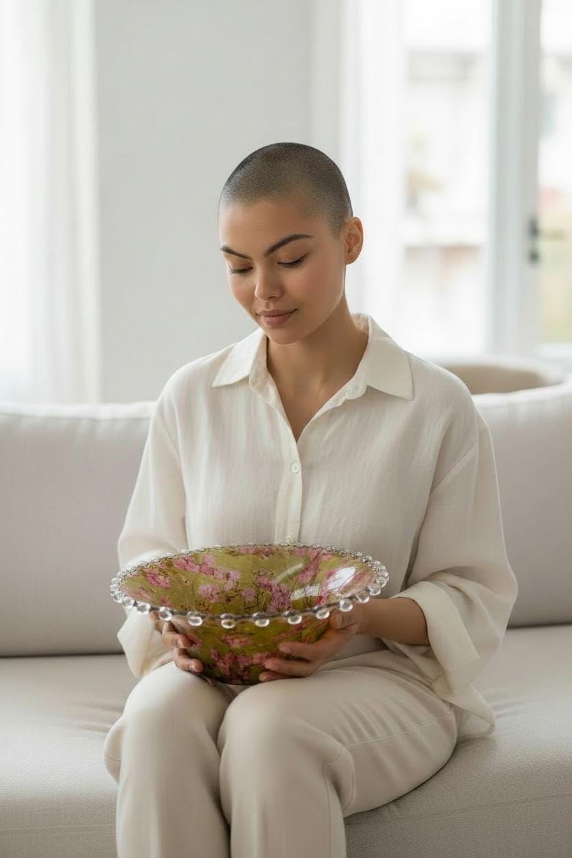 Vintage Fluted Bowl, Decoupaged Geisha Art, Pink Green Gold Centerpiece (Food Safe)