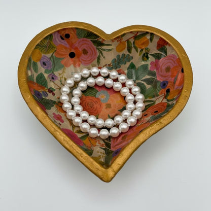 Vintage Crystal Heart Trinket Dish, Gold Edge Floral Decoupaged Ring Holder