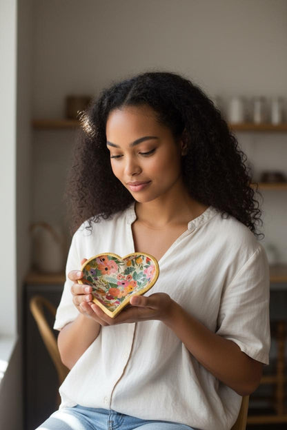Vintage Crystal Heart Trinket Dish, Gold Edge Floral Decoupaged Ring Holder