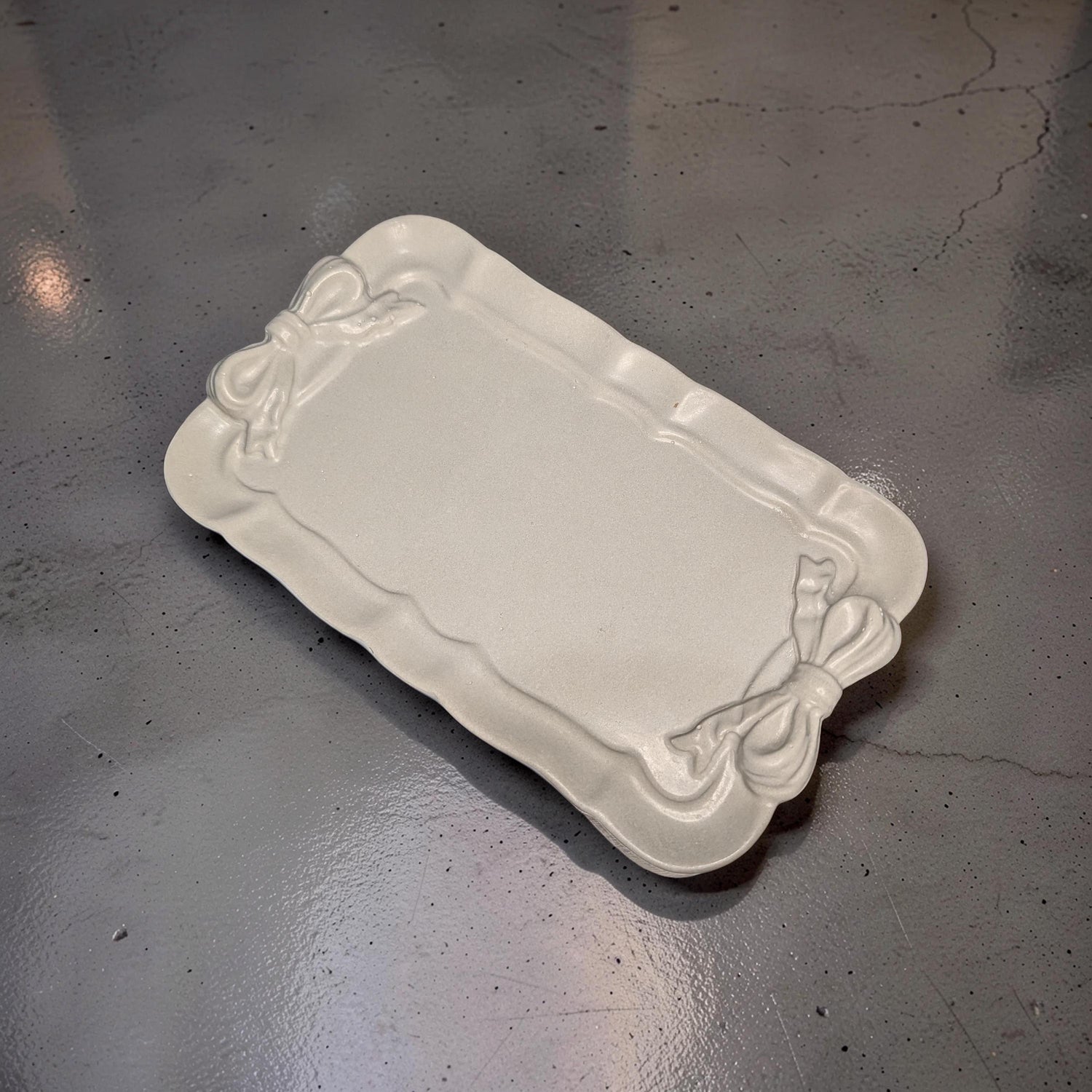 Coquette Concrete Ribbon Tray, Aesthetic Trinket Dish, Key &amp; Ring Holder for Dresser, Neutral Gray Bathroom Vanity Decor, Handmade Gift