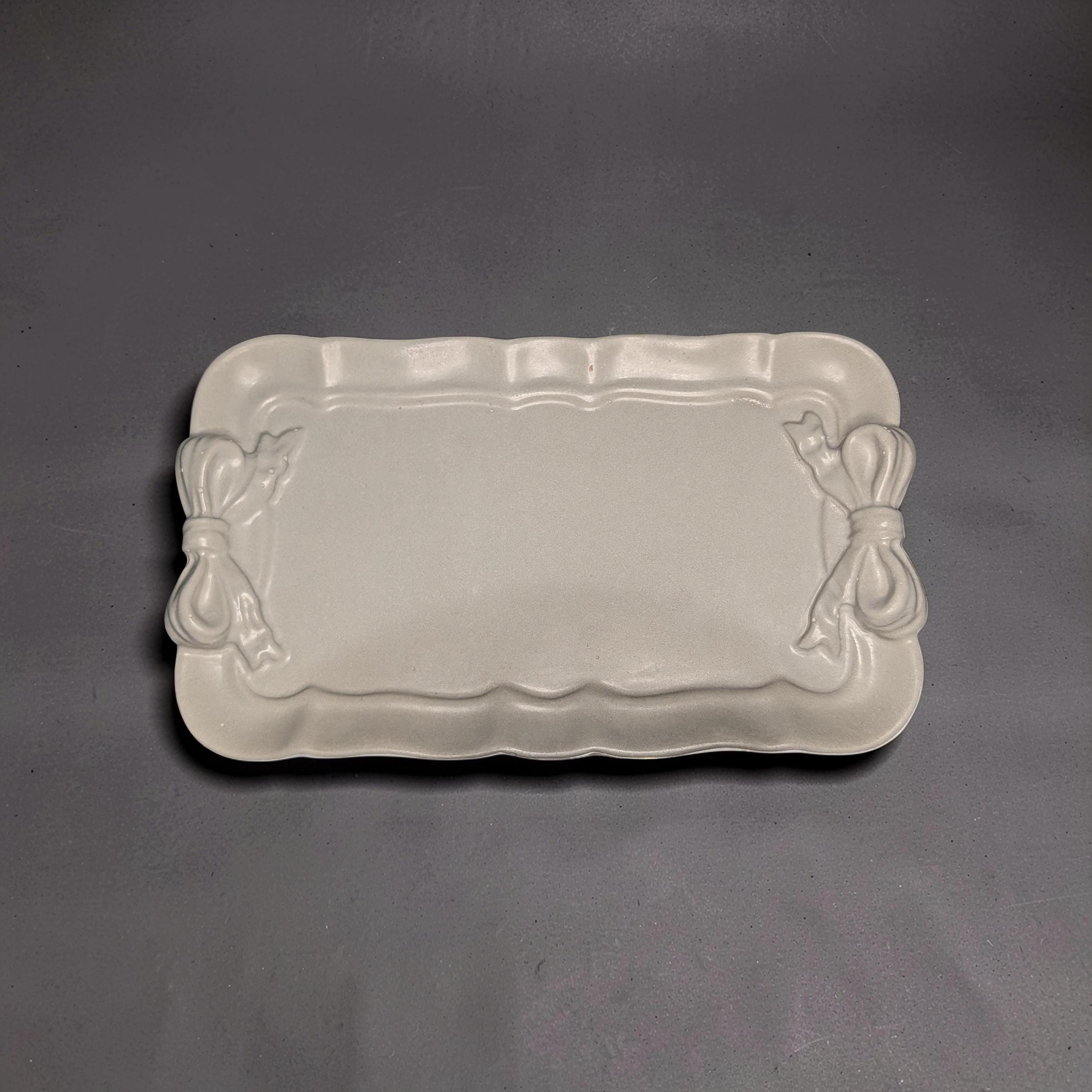 Coquette Concrete Ribbon Tray, Aesthetic Trinket Dish, Key &amp; Ring Holder for Dresser, Neutral Gray Bathroom Vanity Decor, Handmade Gift