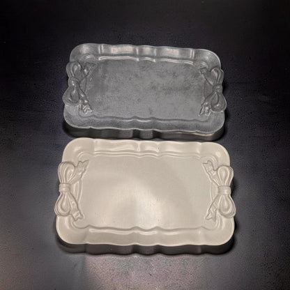 Coquette Concrete Ribbon Tray, Aesthetic Trinket Dish, Key &amp; Ring Holder for Dresser, Neutral Gray Bathroom Vanity Decor, Handmade Gift