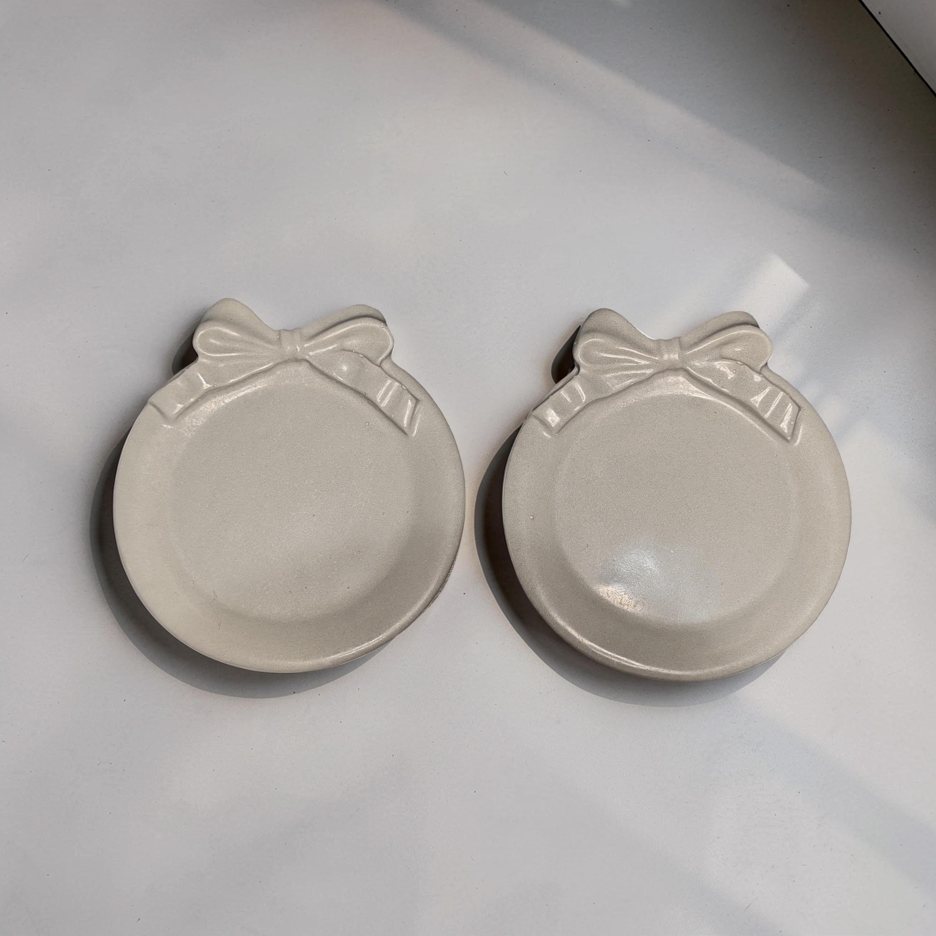 Coquette Concrete Bow Ring Dish | Cute Ribbon Jewelry Tray | Round Trinket Bowl | Natural &amp; Grey Coaster Set | Aesthetic Bedroom Decor