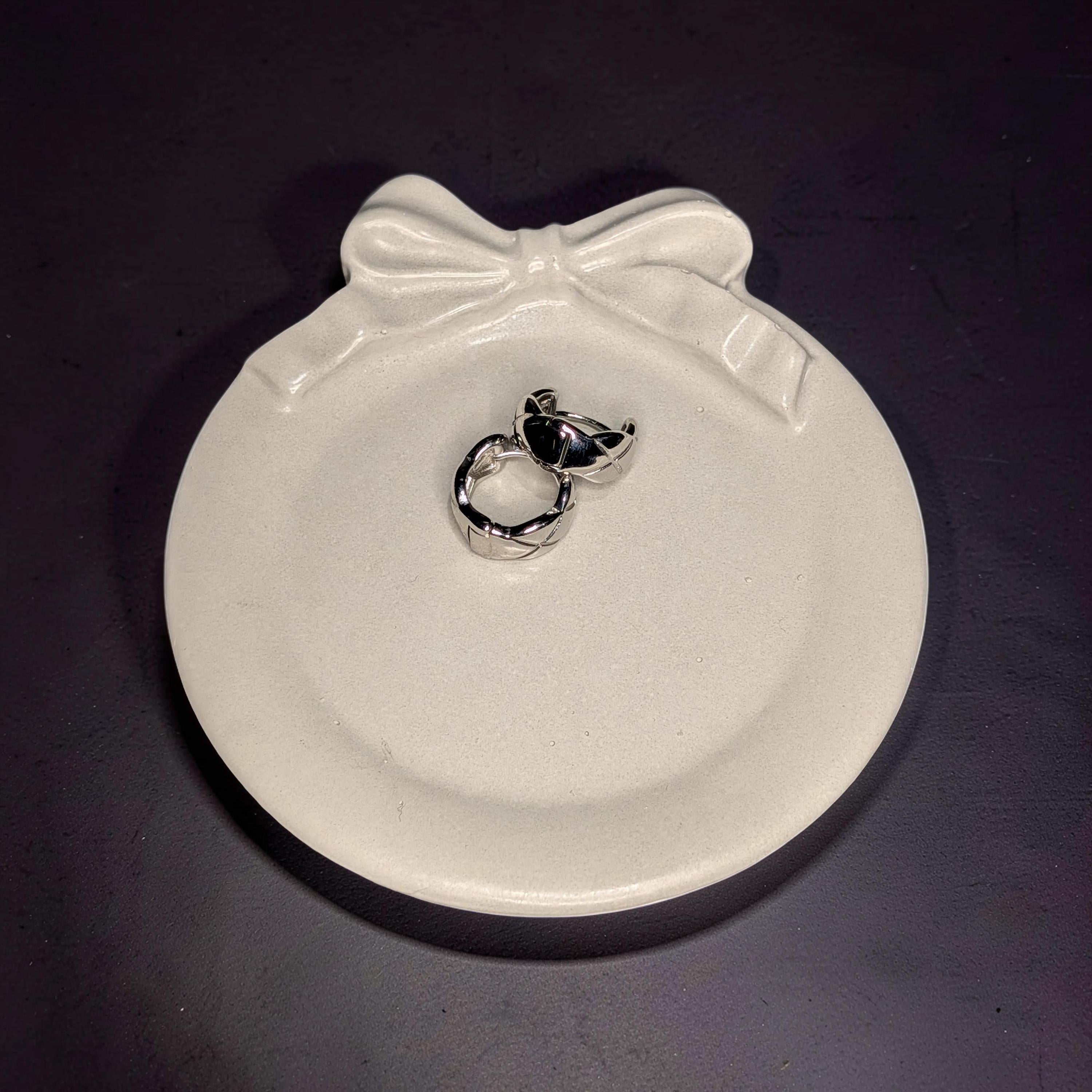 Coquette Concrete Bow Ring Dish | Cute Ribbon Jewelry Tray | Round Trinket Bowl | Natural &amp; Grey Coaster Set | Aesthetic Bedroom Decor