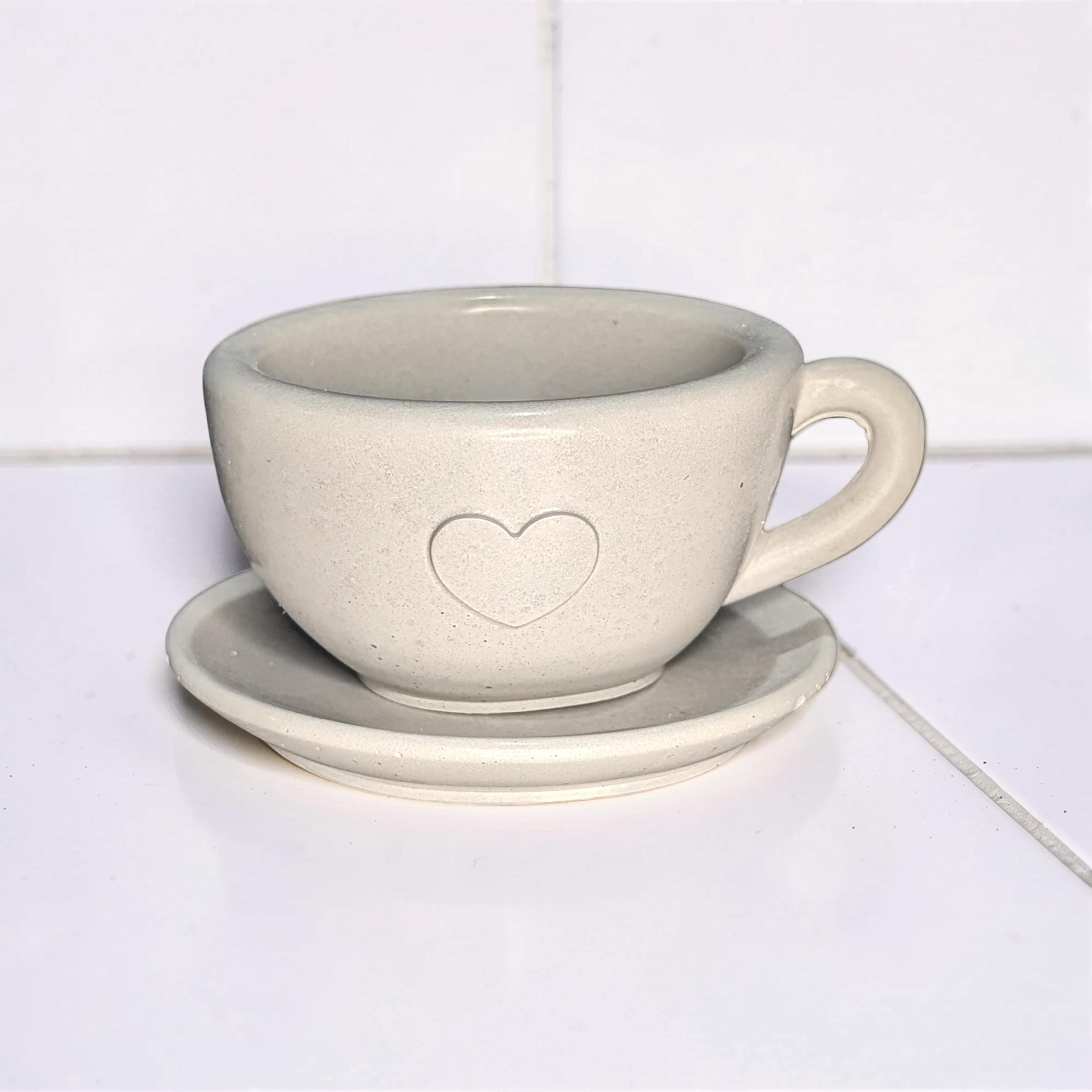 Minimalist Concrete Heart Teacup &amp; Saucer Set | Modern Succulent Planter | Jewelry Dish | Minimalist Concrete Mug + Saucer Set