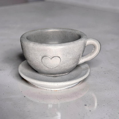 Minimalist Concrete Heart Teacup &amp; Saucer Set | Modern Succulent Planter | Jewelry Dish | Minimalist Concrete Mug + Saucer Set