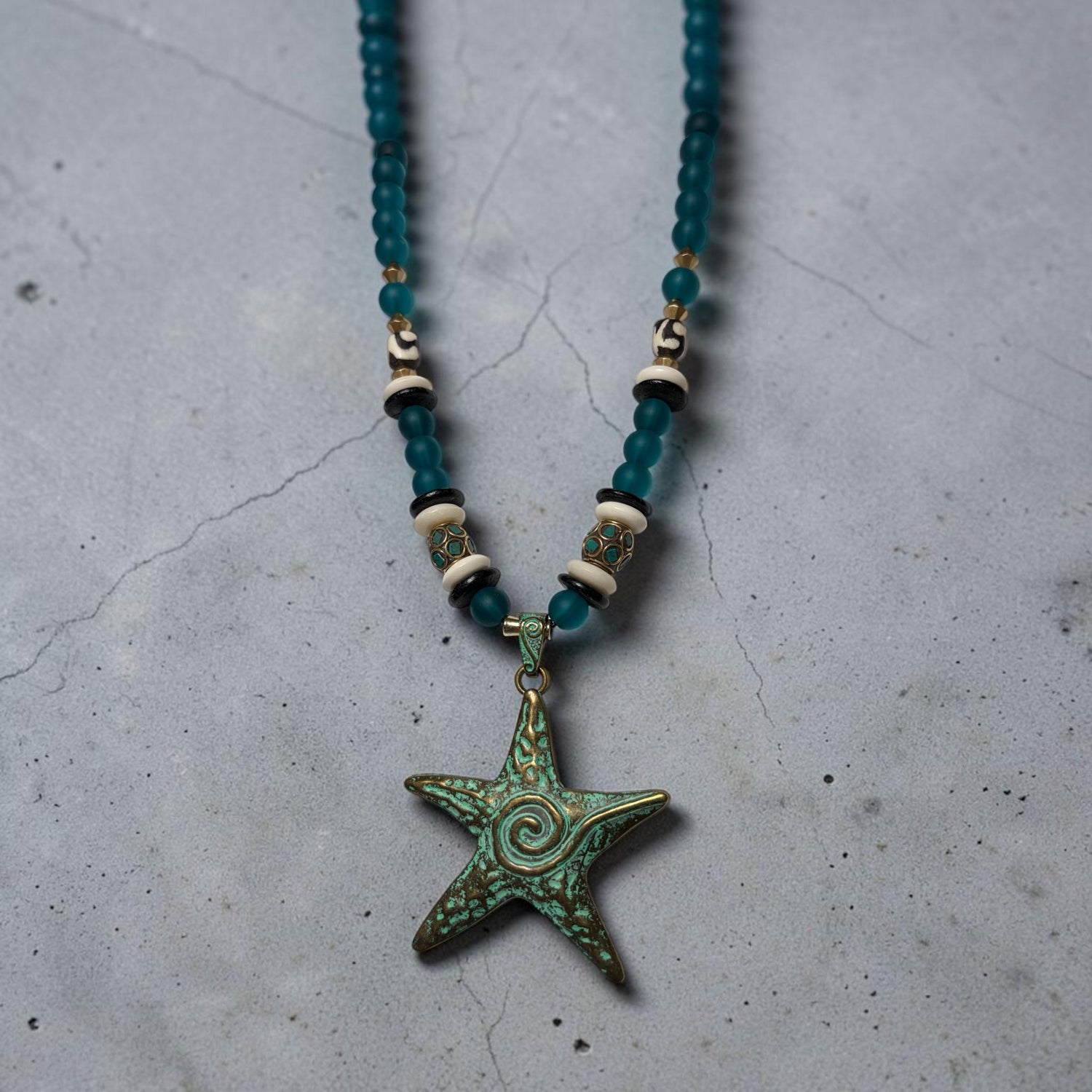 Handmade Turquoise Starfish Pendant Necklace, Peacock Blue Recycled Glass, Tribal Boho Style