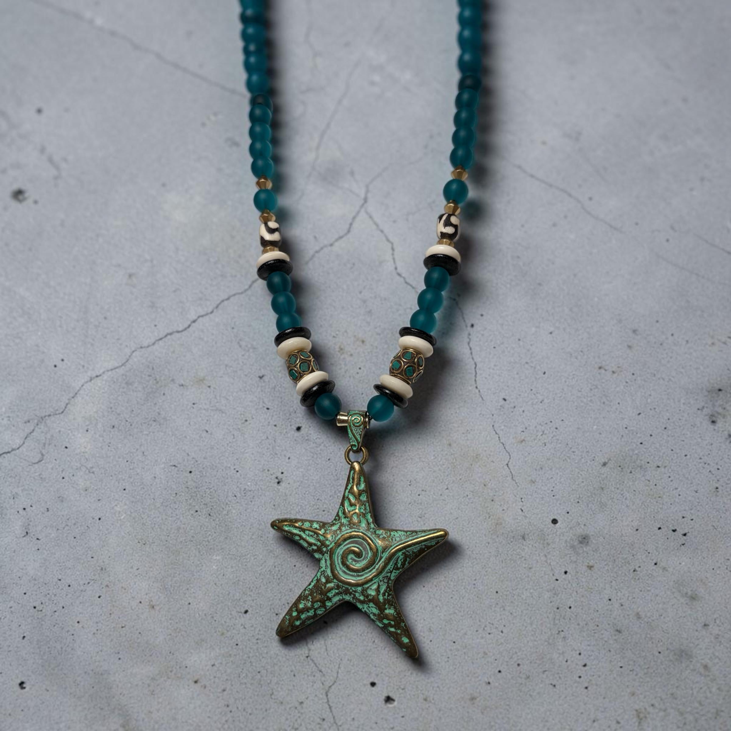 Handmade Turquoise Starfish Pendant Necklace, Peacock Blue Recycled Glass, Tribal Boho Style