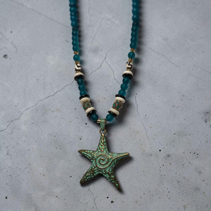 Handmade Turquoise Starfish Pendant Necklace, Peacock Blue Recycled Glass, Tribal Boho Style