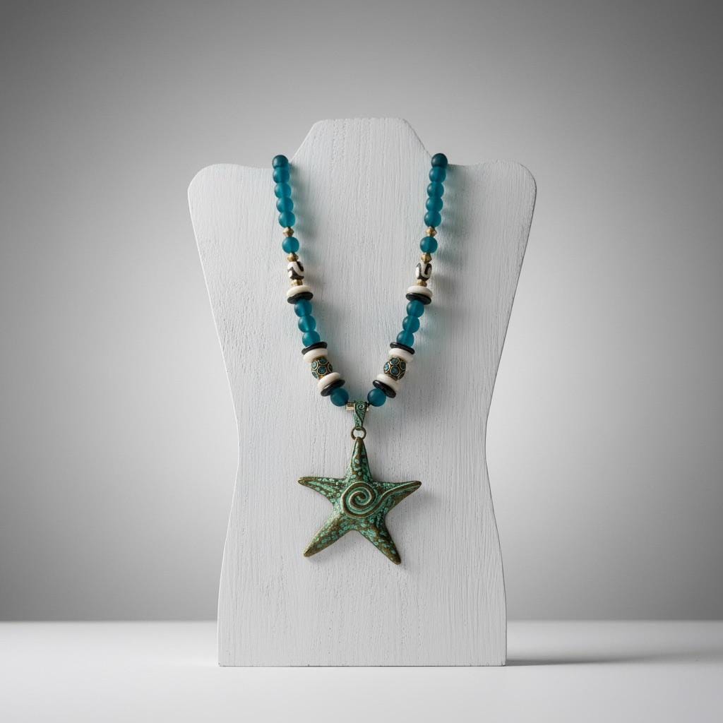 Handmade Turquoise Starfish Pendant Necklace, Peacock Blue Recycled Glass, Tribal Boho Style