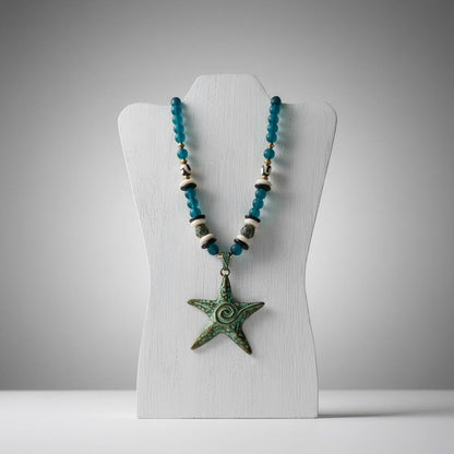 Handmade Turquoise Starfish Pendant Necklace, Peacock Blue Recycled Glass, Tribal Boho Style