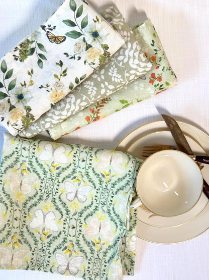 Butterfly Trellis Napkins – Sage Green Linen Napkin Set – Botanical Table Decor