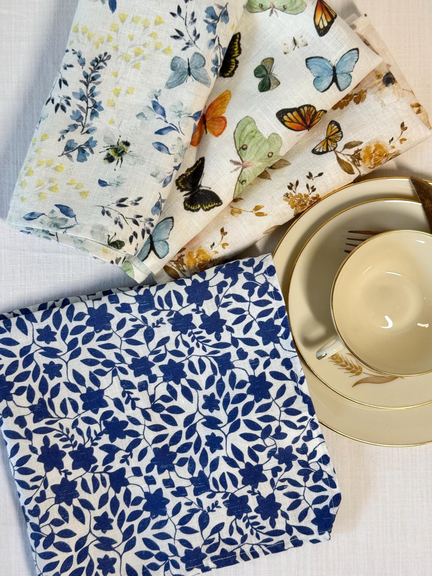 Blue Botanical Napkins – Linen Cloth Napkin – Floral Table Decor