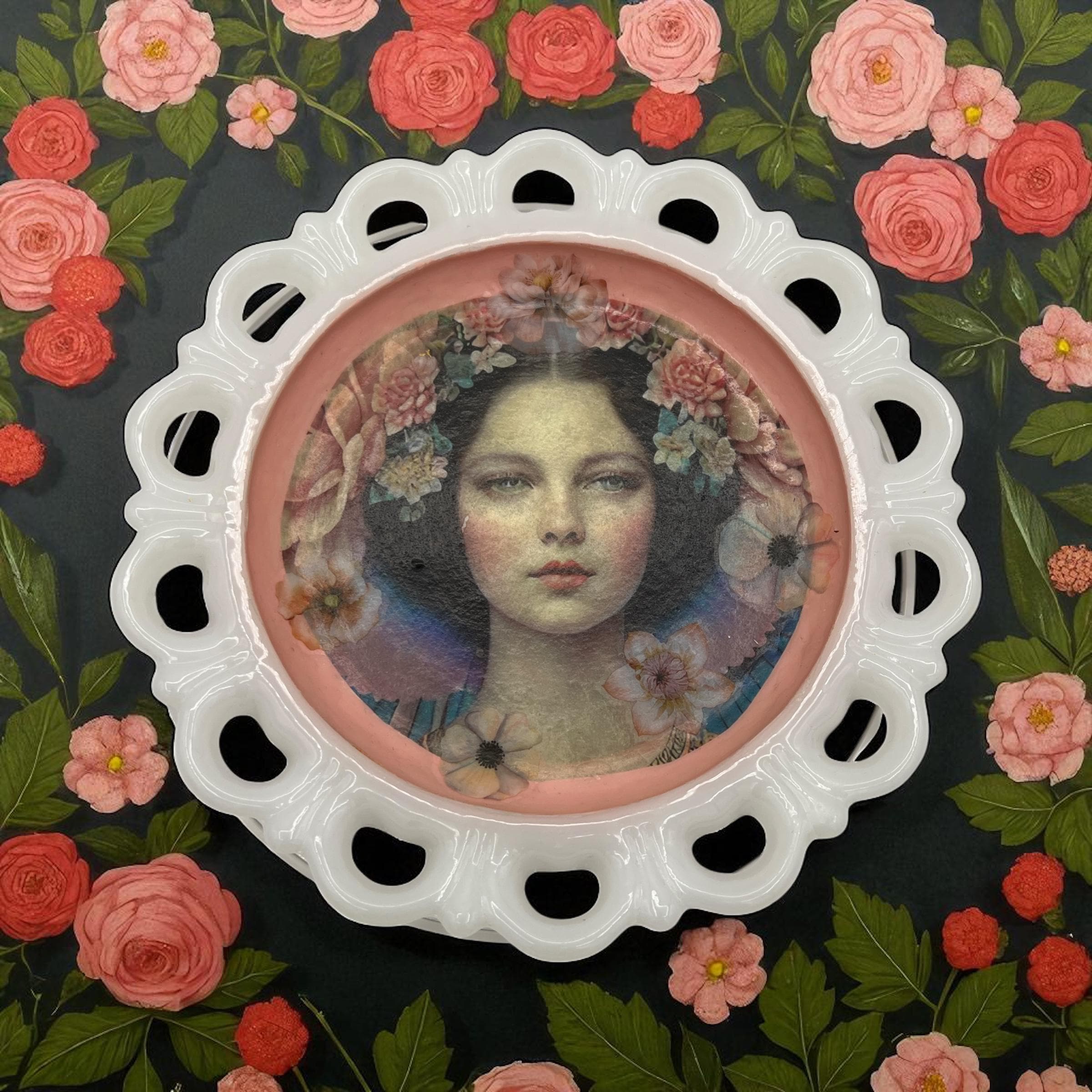 Vintage Milk Glass Scalloped Tray, Decoupage Flower Girl Art, Pink Blossom Vanity Dish