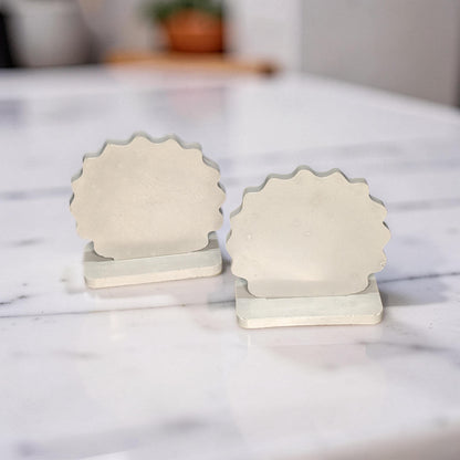 Blank Concrete Signs with Stands | Scalloped Table Top Display | DIY Wedding Table Numbers | Retail Price Signs | Small Food Stationery Sign