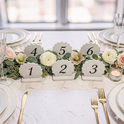 Blank Concrete Signs with Stands | Scalloped Table Top Display | DIY Wedding Table Numbers | Retail Price Signs | Small Food Stationery Sign