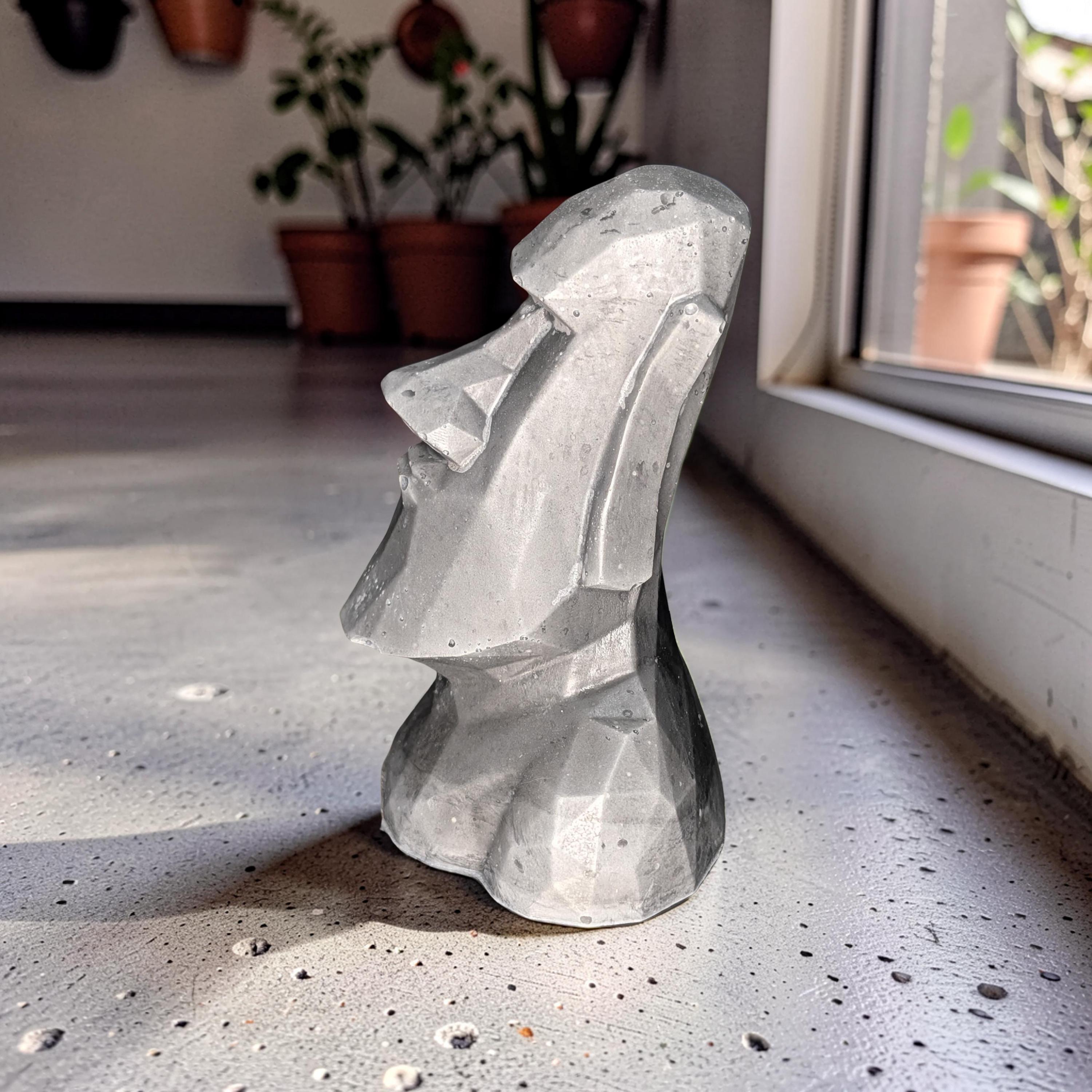 Minimalist Concrete Statue | Easter Island Moai Bust | Brutalist Home Decor Accent | Geometric Stone Face Paperweight | Bookshelf Decoration