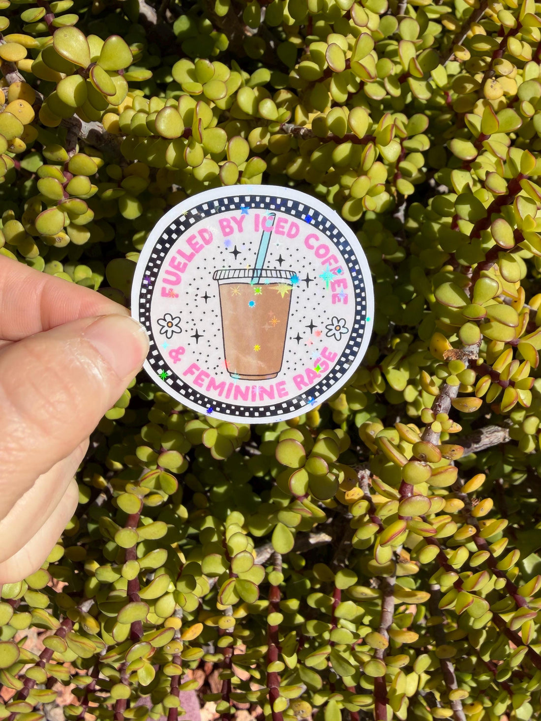 Fueled By Iced Coffee &amp; Feminine Rage Sticker | Funny Feminist Coffee Decal | Pink Coquette Laptop Water Bottle Sticker