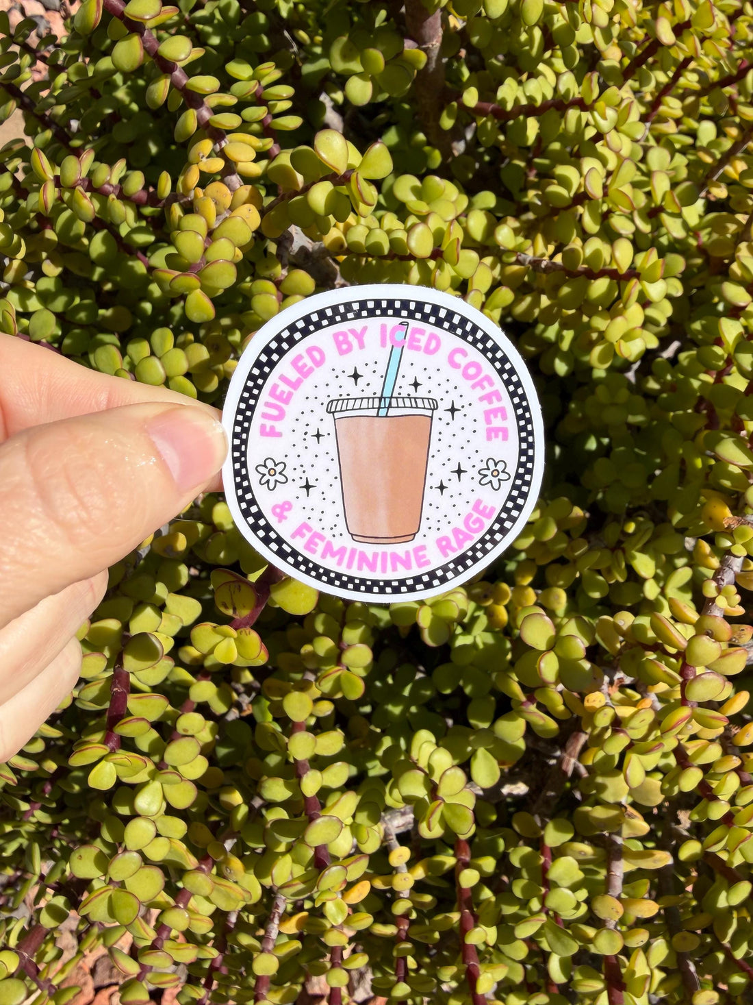 Fueled By Iced Coffee &amp; Feminine Rage Sticker | Funny Feminist Coffee Decal | Pink Coquette Laptop Water Bottle Sticker