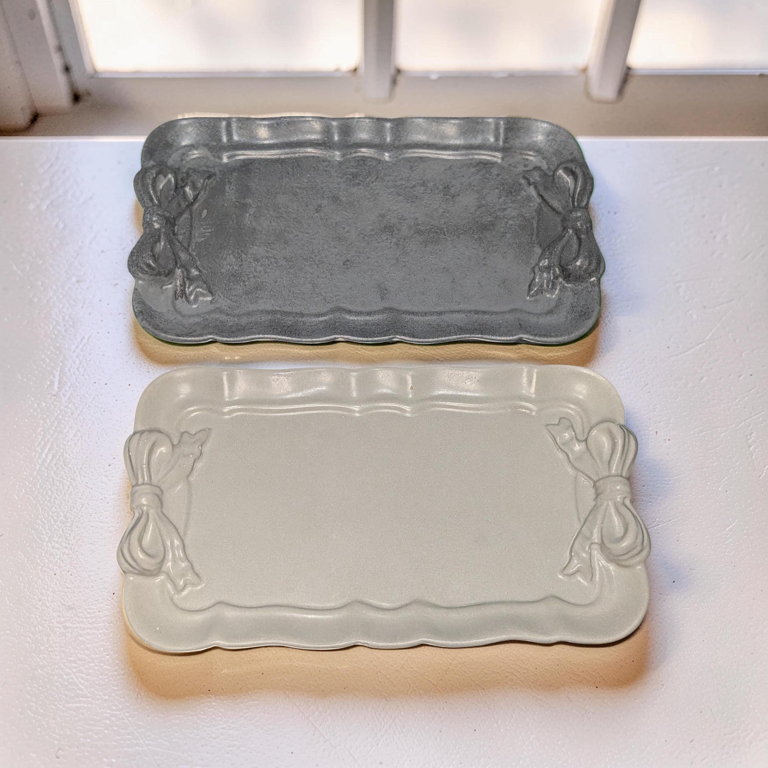 Coquette Concrete Ribbon Tray, Aesthetic Trinket Dish, Key &amp; Ring Holder for Dresser, Neutral Gray Bathroom Vanity Decor, Handmade Gift