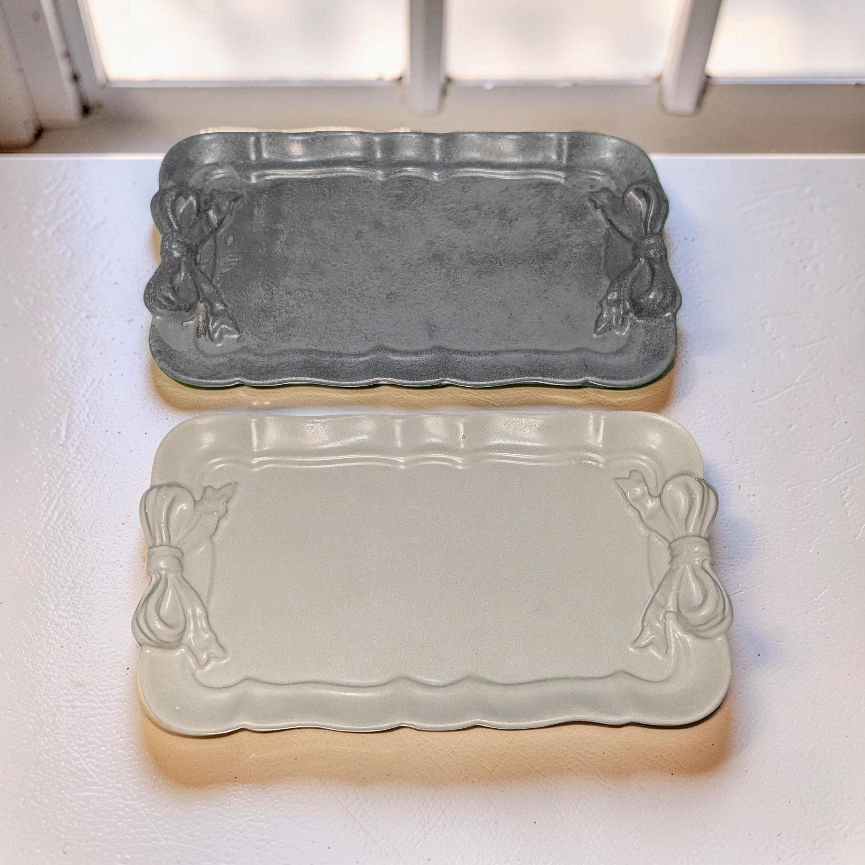 Coquette Concrete Ribbon Tray, Aesthetic Trinket Dish, Key &amp; Ring Holder for Dresser, Neutral Gray Bathroom Vanity Decor, Handmade Gift
