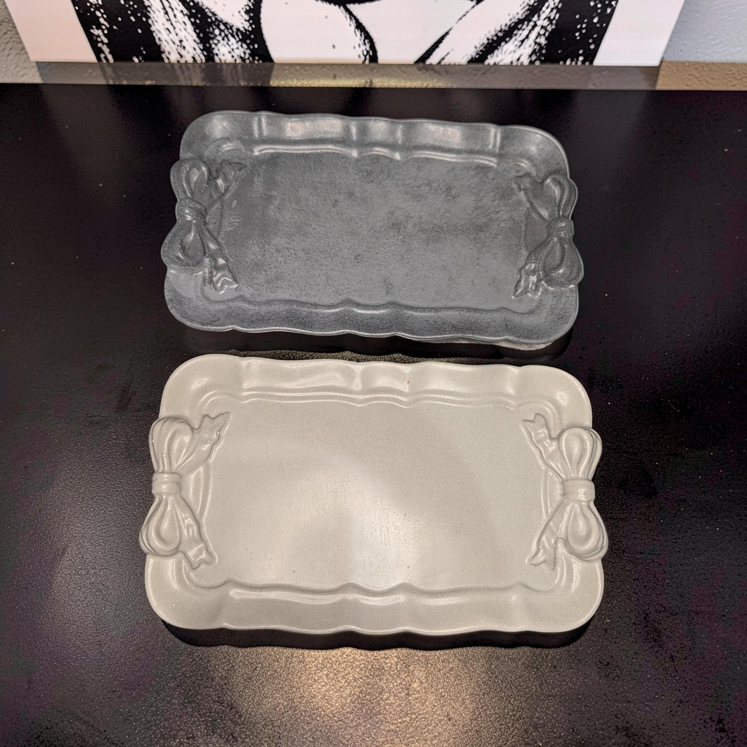Coquette Concrete Ribbon Tray, Aesthetic Trinket Dish, Key &amp; Ring Holder for Dresser, Neutral Gray Bathroom Vanity Decor, Handmade Gift