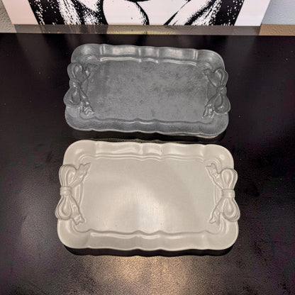 Coquette Concrete Ribbon Tray, Aesthetic Trinket Dish, Key &amp; Ring Holder for Dresser, Neutral Gray Bathroom Vanity Decor, Handmade Gift