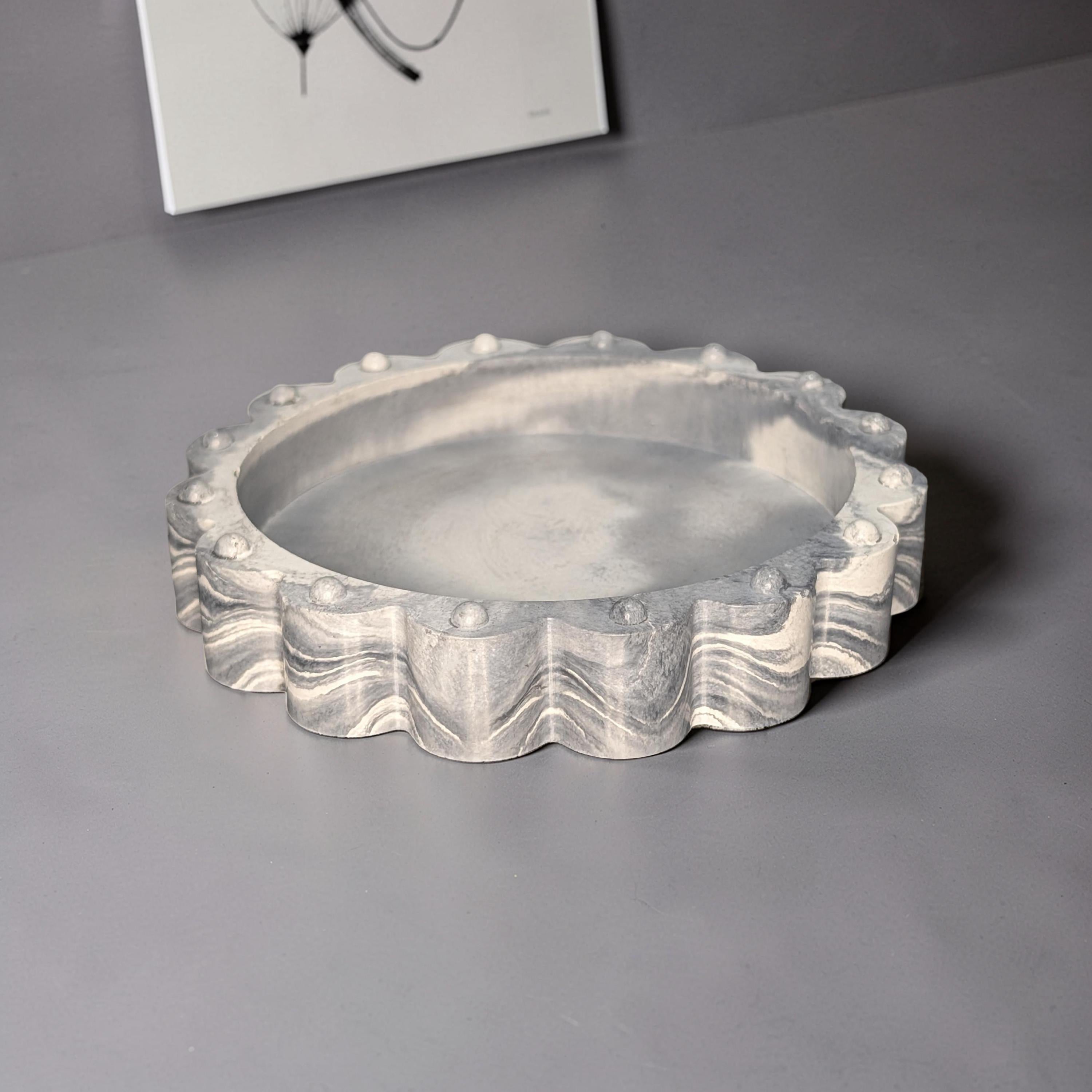 Concrete Scalloped Tray - Round Ribbed Catchall Dish, Minimalist Jewelry Holder, Industrial Vanity Organizer, Fluted Key Bowl, Modern Shelf