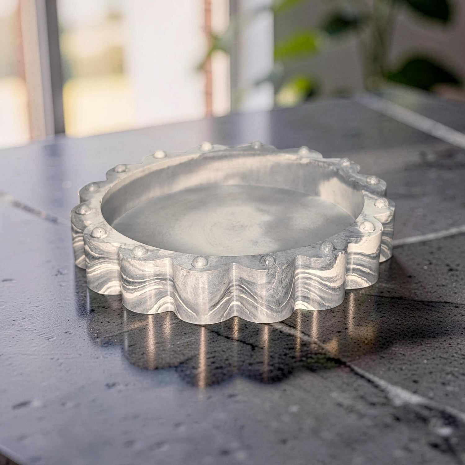 Concrete Scalloped Tray - Round Ribbed Catchall Dish, Minimalist Jewelry Holder, Industrial Vanity Organizer, Fluted Key Bowl, Modern Shelf