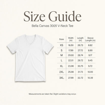 Bella Canvas 3005 V-neck tee size chart with measurements.