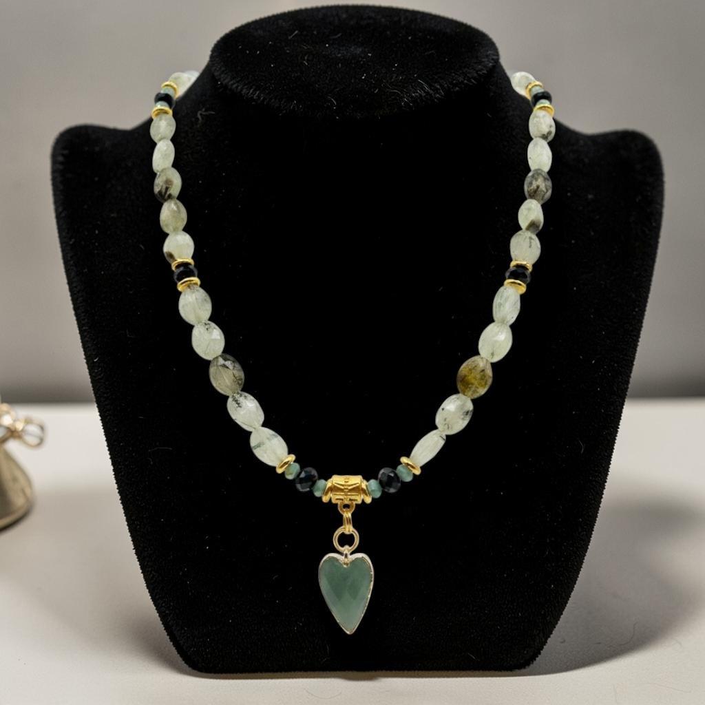 Green Prehnite Quartz Necklace, Amazonite Heart Pendant, 18 Inch Gemstone Necklace, Sage Green Beaded Statement, Bridal Gift