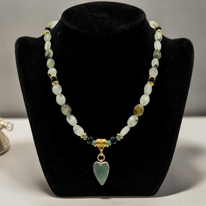 Green Prehnite Quartz Necklace, Amazonite Heart Pendant, 18 Inch Gemstone Necklace, Sage Green Beaded Statement, Bridal Gift