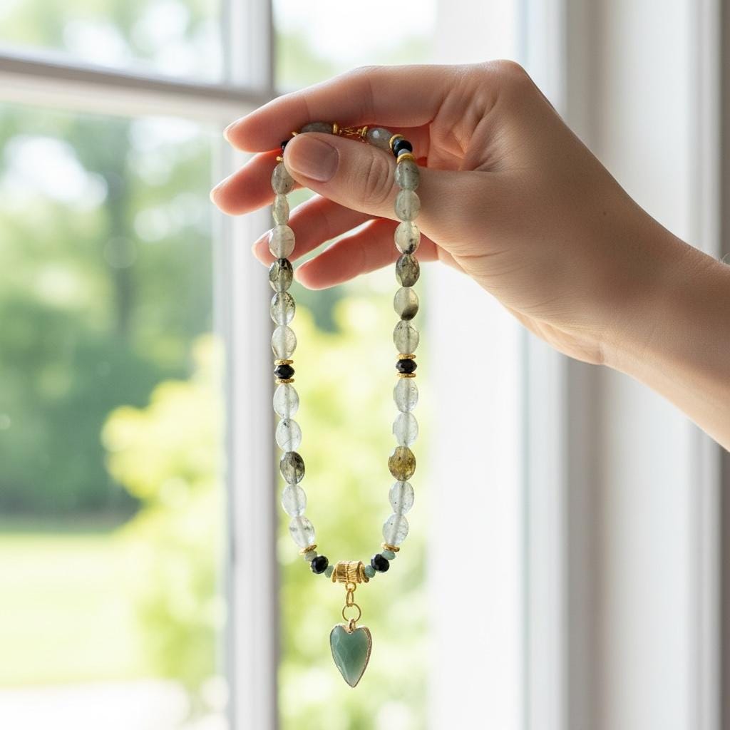 Green Prehnite Quartz Necklace, Amazonite Heart Pendant, 18 Inch Gemstone Necklace, Sage Green Beaded Statement, Bridal Gift
