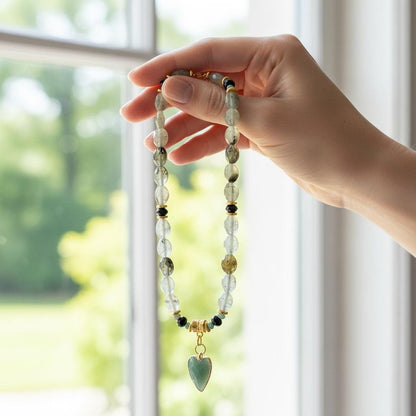 Green Prehnite Quartz Necklace, Amazonite Heart Pendant, 18 Inch Gemstone Necklace, Sage Green Beaded Statement, Bridal Gift